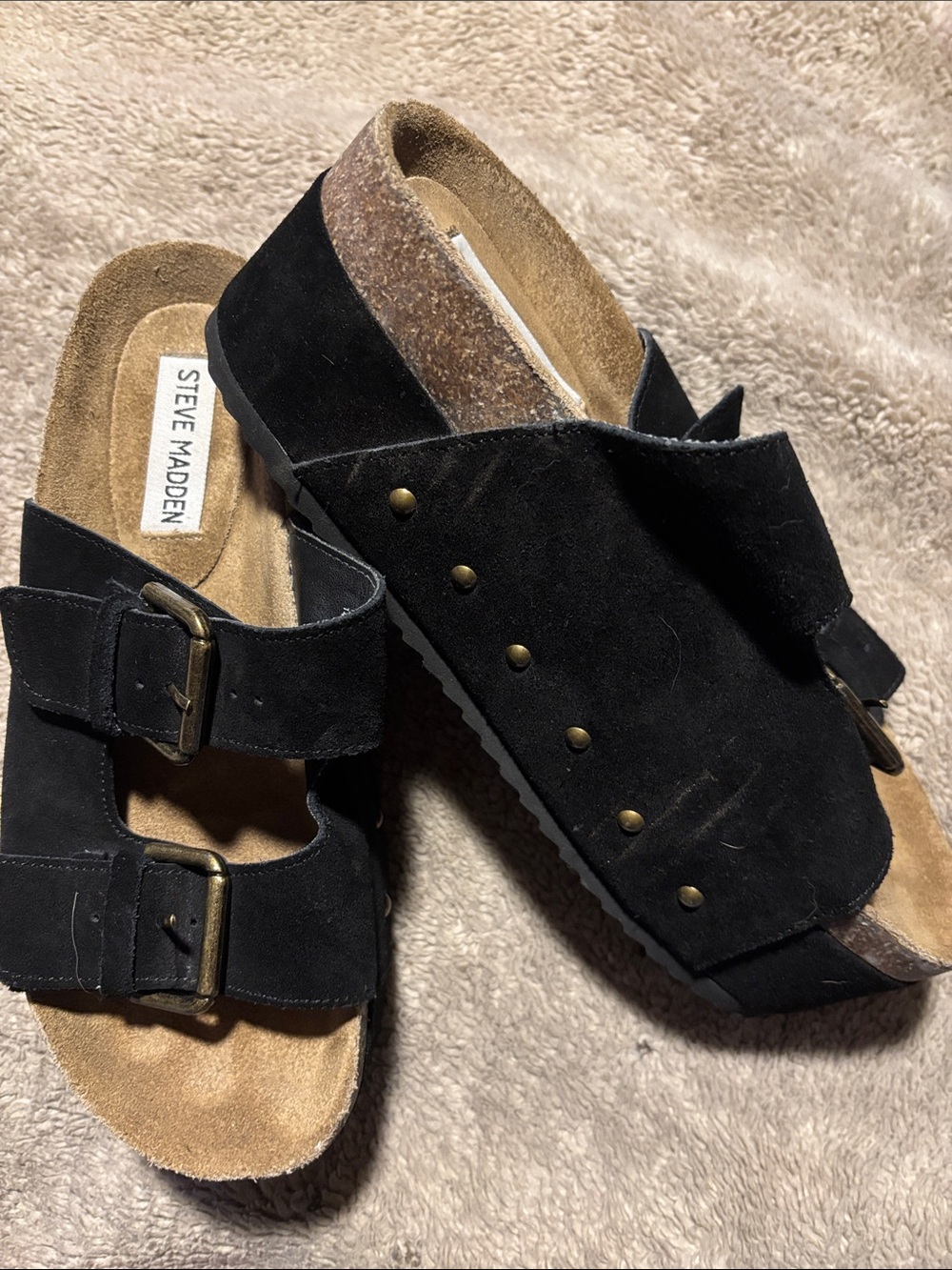Steve Madden Black Suede Dual Buckle Platform Clogs/Slides size 7